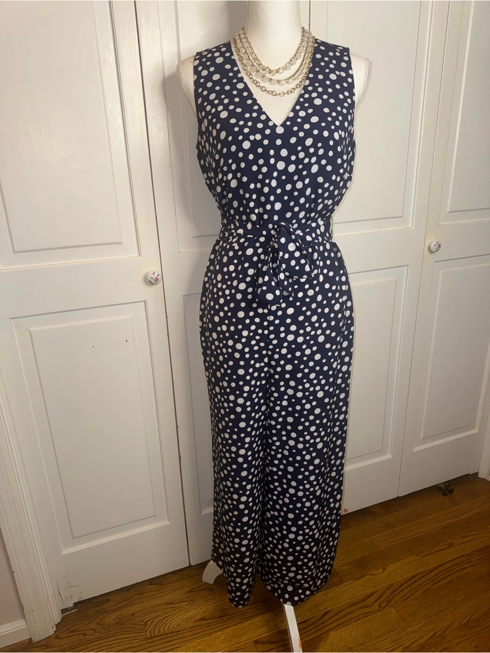 Karl Lagerfeld Paris Navy Blue Polka Dot Sleeveless Jumpsuit with Self-Tie Waist